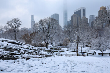 Scenic view of snow covered landscape of Central Park, New York in winter morning