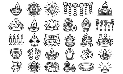 Festive diwali line art icons: celebrations, traditions, and symbols in black and white