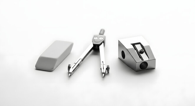 Monochrome still life of essential school and office supplies, featuring a drawing compass, eraser, and pencil sharpener on a white surface.