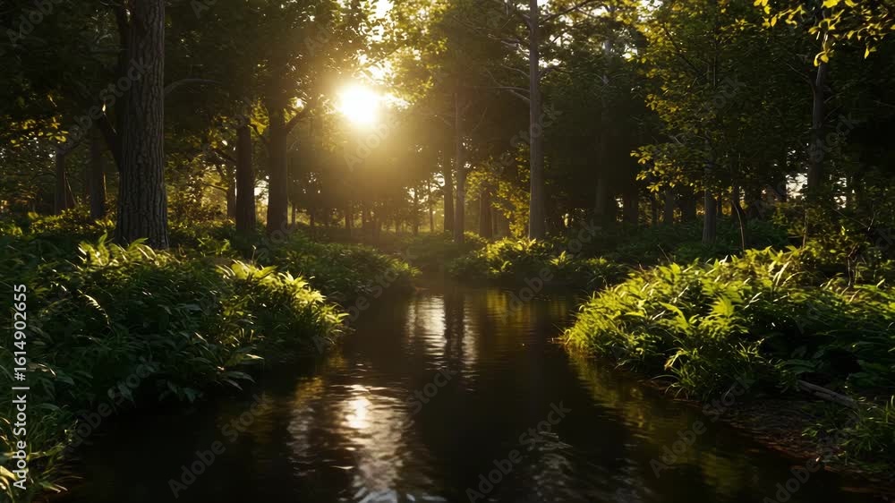 Poster sunlight streams through the trees, illuminating a gentle river flowing through a lush forest