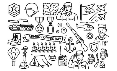Armed forces day doodle collection featuring military icons and decorations