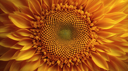 An extreme macro shot of the center of a sunflower, showing the beautiful, intricate, geometric pattern of the seeds.