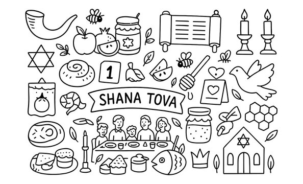 Rosh hashanah doodle elements: symbols of jewish new year celebration