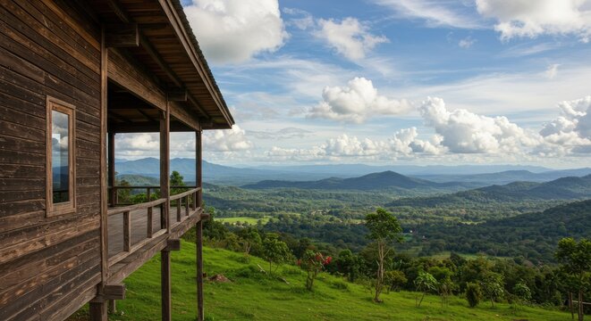 Wooden Cabin Balcony Overlooking Lush Green Valley and Mountains Under Cloudy Sky