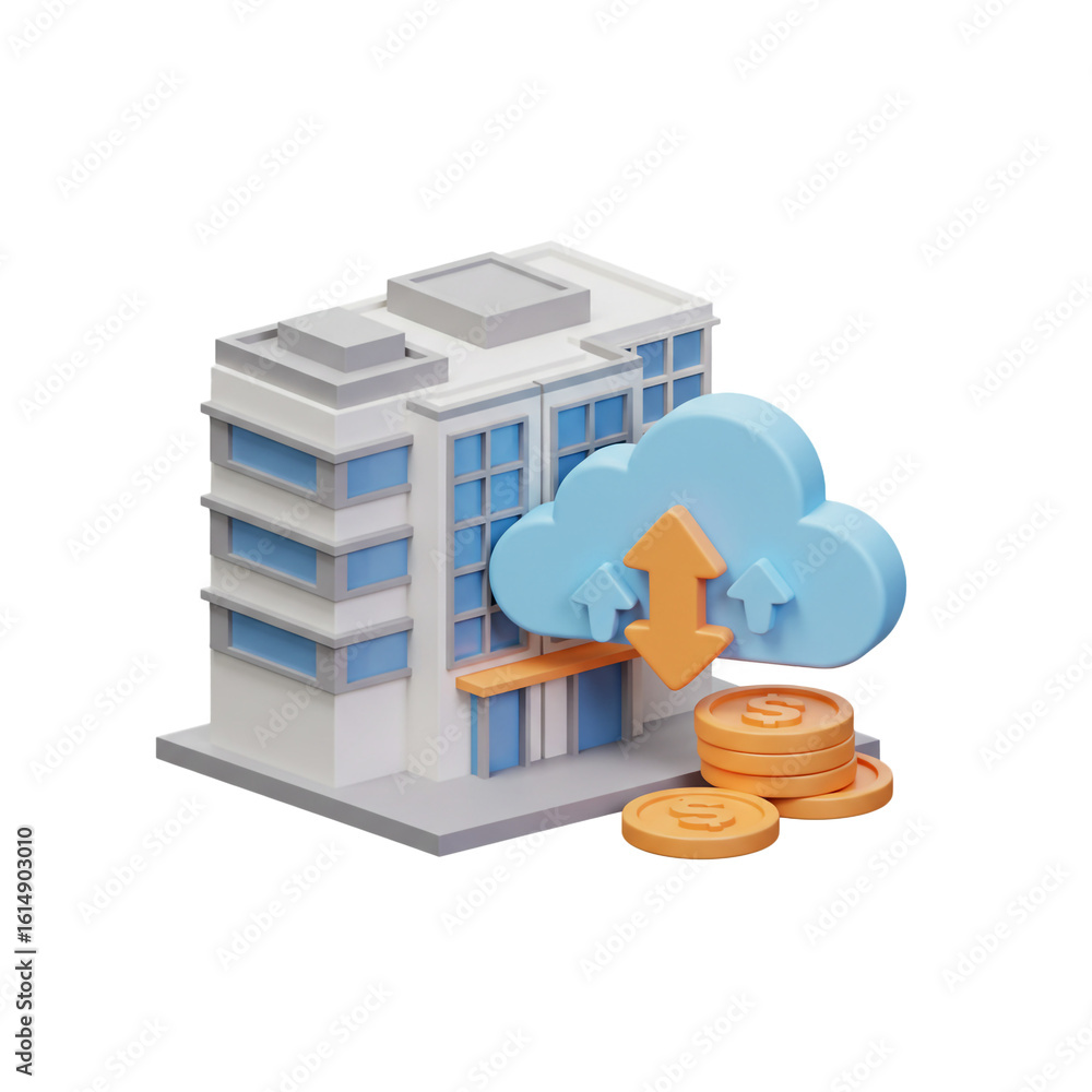 Poster digital financial building concept depicting cloud storage and monetary transactions with a modern a