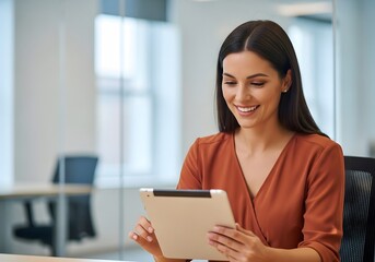 Smiling woman in orange blouse using tablet in office