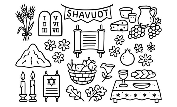 Shavuot doodle: religious symbols and harvest celebrations in black and white