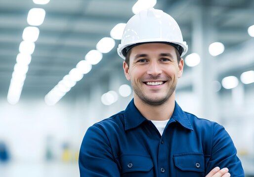 Smiling man in hard hat and blue uniform - Powered by Adobe