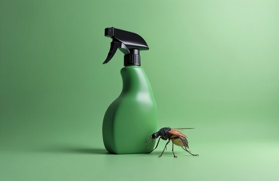 Green spray bottle with black trigger next to a fly on a green background. This pest control product effectively repels insects. Essential for household hygiene and outdoor protection against bugs.