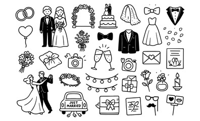Hand-drawn wedding icons collection featuring couple, rings, and decorations