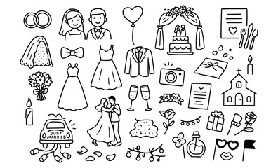 Fototapeta premium Charming wedding doodles: ceremonial elements in hand-drawn style