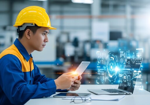 Technician with holographic data display