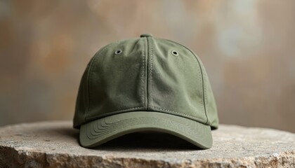 Olive green dad hat mockup positioned on rustic stone surface. Casual headwear clean, modern fabric texture with subtle stitching. Natural sunlight, shadow create relaxed, earth-tone aesthetic.