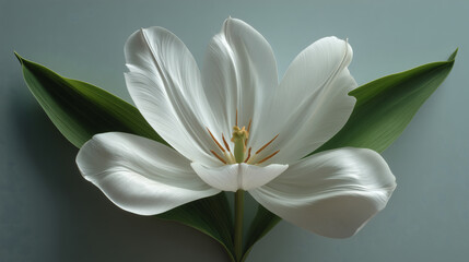 An artistic, flat lay image of a deconstructed tulip, with its petals, stem, and leaves all arranged separately and neatly, like a scientific specimen.