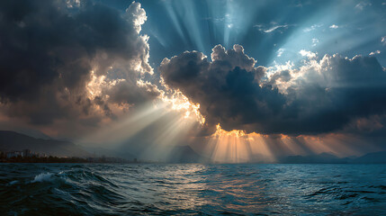 Golden sunbeams pierce through dark, dramatic clouds over a vast ocean at sunset