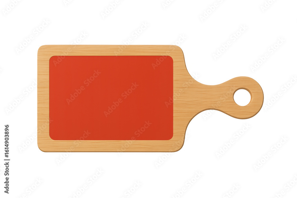 Poster rectangular cutting board with vivid red surface and light wooden frame, isolated on transparent bac
