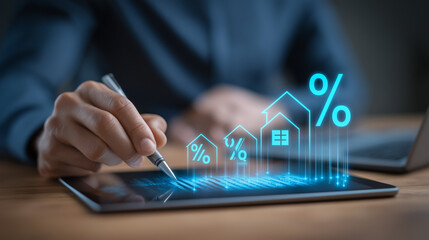 Hand of Professional Drawing Digital Real Estate Graph on Tablet Screen