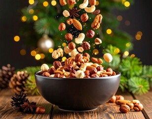 A dark bowl filled with mixed nuts, falling into the bowl, with a Christmas tree background