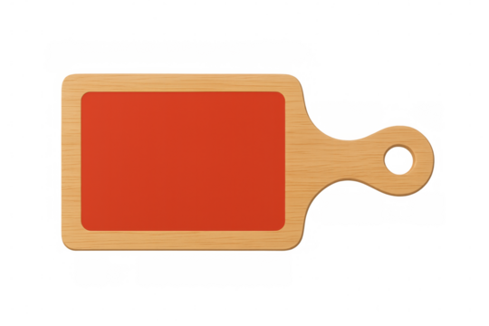 Rectangular cutting board with vivid red surface and light wooden frame, isolated on transparent background