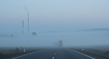 Fototapeta premium Eerie Dawn Drive Trucks Vanish into Fog Toward Industrial Smokestacks.