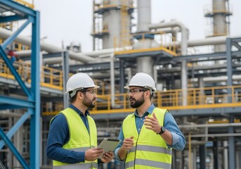 Two engineers in highvisibility vests and hard hats converse at a refinery
