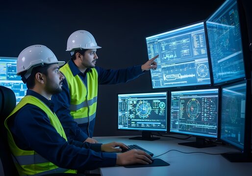 Two engineers in safety vests and hard hats observe complex data on multiple monitors