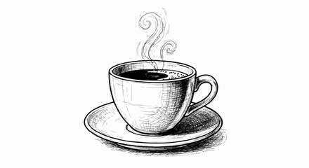 A hand-drawn sketch of a steaming hot cup of coffee on a saucer. This vintage-style illustration is perfect for cafe menus, coffee shop branding, website icons,