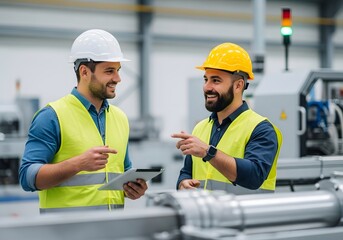 Two male factory workers in hard hats and vests looking at a tablet