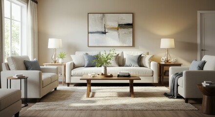 Obraz premium Bright Living Room with Abstract Art, Neutral Tones, and Cozy Furniture Arrangement
