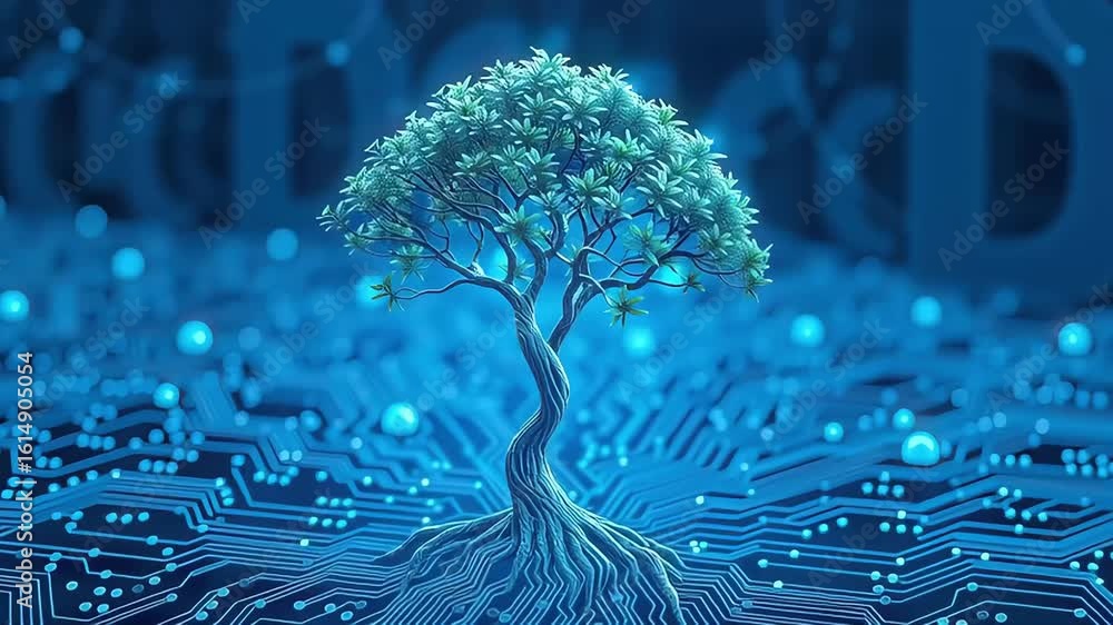 Poster digital tree emerges from circuit board, merging nature and technology with vibrant blue leaves and 