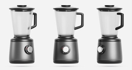 3d electric blender in different angles. Mixer, crush ice for smoothie, juice and shakes. Kitchen appliance, juicer with glass jar for fresh fruit drink, isolated render icon set. 3D illustration