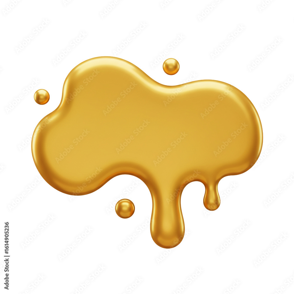 Poster a golden liquid shape with a glossy and three small spheres suggesting a flowing and dynamic design 