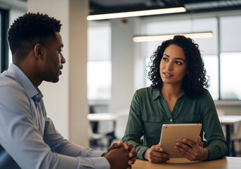 Two people are sitting at a table in a modern office