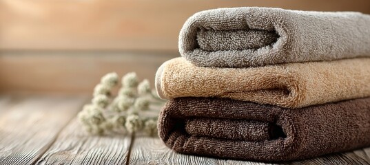 Soft Towel Stack in Spa Setting, Cozy Wellness Still Life with Aroma Plants on Weathered Wood