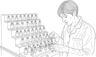 Professional Perfumer or Aromatherapist Blending Fragrance Essences in Laboratory Illustration