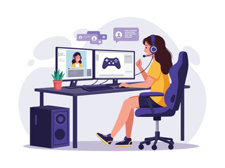 Character streaming video game content with dual-monitor setup. Digital entertainment and content creation concept. Vector illustration.
