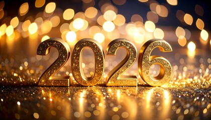 Glittery gold 2026 numerals on dark background with bokeh lights
