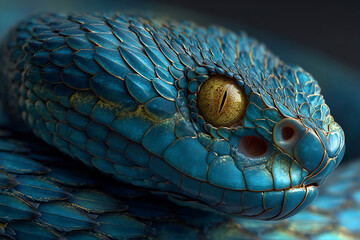 Fototapeta premium A striking closeup of a vibrant blue viper snakes head with intricate scales and piercing yellow eye