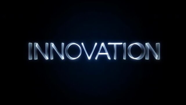 Glowing innovation text with particle effects dissolves into sparkling light trails against dark background, creating dynamic typography animation for technology concept visualization