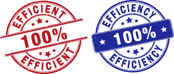  Red and blue "100% Efficiency" grunge rubber stamp set. Circular seals for business performance and productivity concepts, vector illustration isolated on a white background
