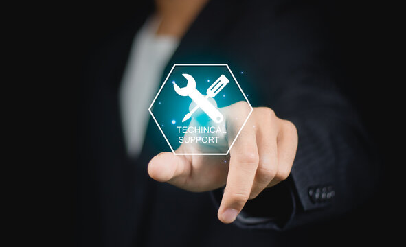 Technical support Customer service Business technology concept, Person hold virtual support customer icon for customer support center and contact us, call center and customer service help.