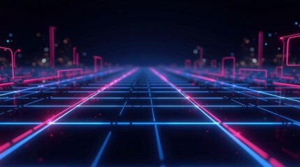 Fototapeta premium Neon grid cityscape perspective futuristic