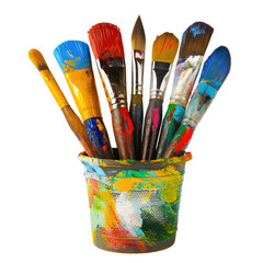 Paintbrushes in a container. Colorful paintbrushes of various sizes and colors, including red, blue, and yellow, are clustered in a small, painted container, showcasing vibrant hues