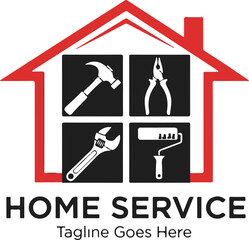 Fototapeta premium Home Service logo template. House outline with windows showing tool icons: hammer, pliers, wrench, and paint roller. Vector design for a handyman or repair company.