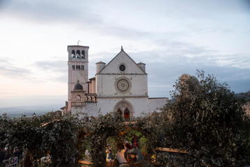 Basilica of Saint Francis in Assisi at Sunset during Christmas time.