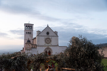 Basilica of Saint Francis in Assisi at Sunset during Christmas time.