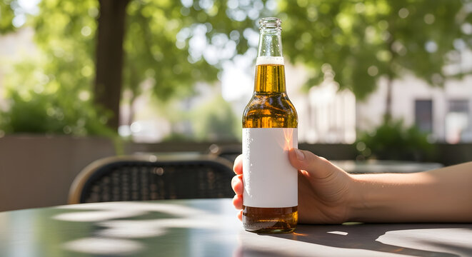 A hand holds a light glass beer bottle against a park background in a banner template mockup for craft alcohol festival menu and bar advertising with space for text
