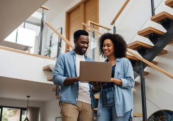 Young couple using laptop on stairs