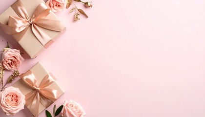 Elegant Gift Boxes with Rose Gold Ribbons and Roses on Pink Background
