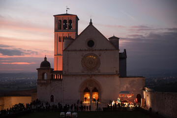Basilica of Saint Francis in Assisi at Sunset during Christmas time.